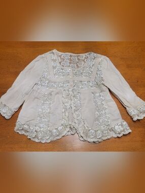 Bohemian Lace-Trimmed Cream Blouse 3/4 Sleeve | XS
